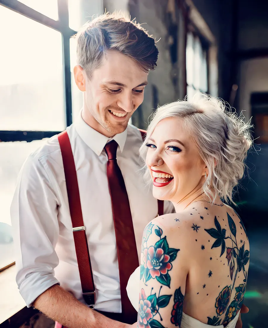 Cute couple smiling after micro wedding in Worcestershire