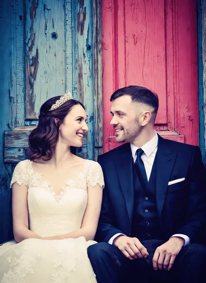 Bride and groom sitting in front of blue and red doors in Worcester